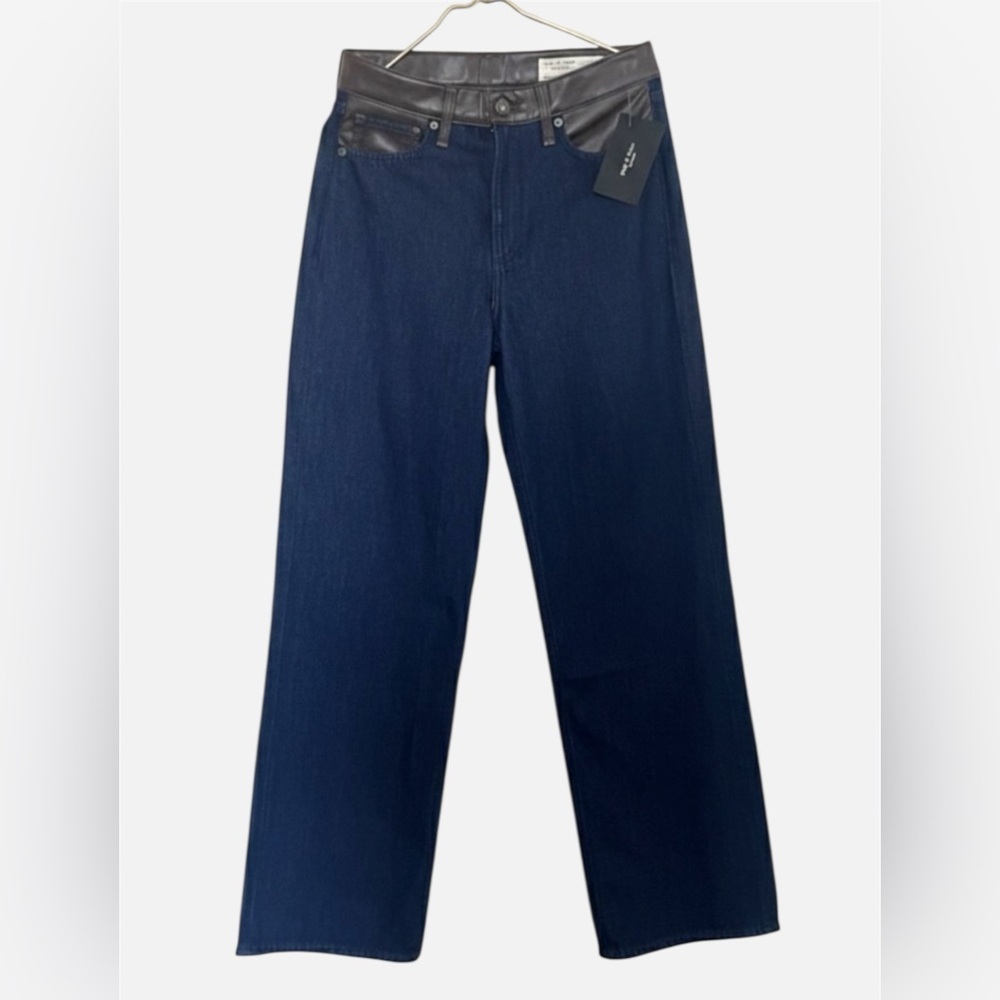 rag & bone Dark Blue wide Leg Jeans with Black Leather Lori midi size 26 cowgirl - Picture 3 of 16